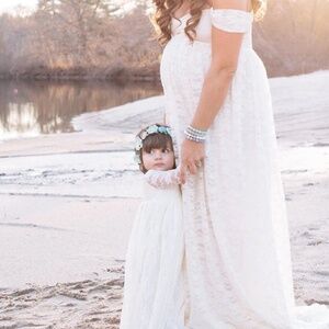Lace off the shoulder cap sleeve maternity dress